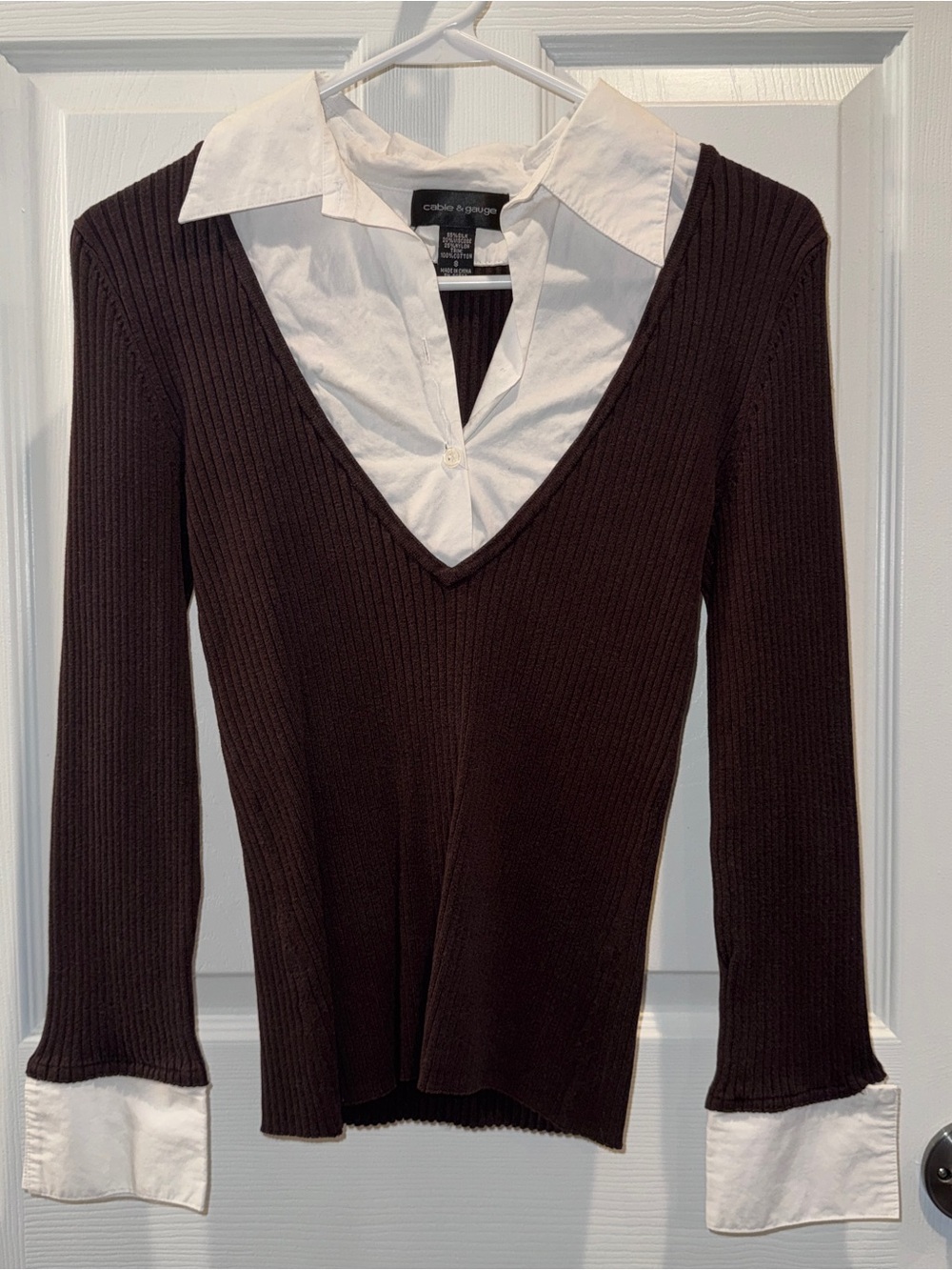 Cable & Gauge Silk Blend Twofer Sweater S Brown White Collared Y2K Preppy